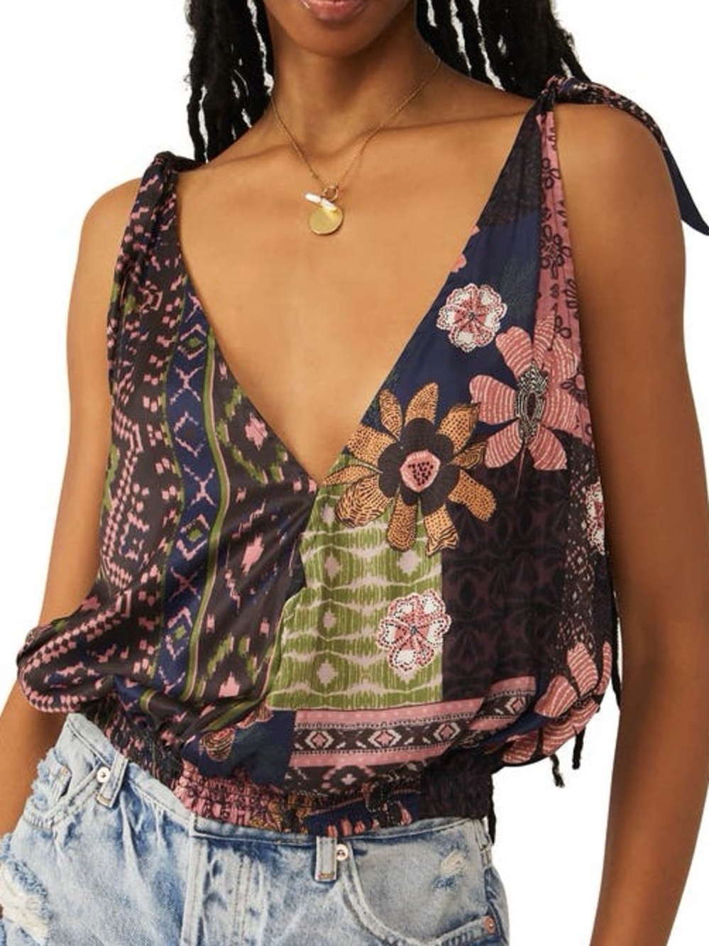Free People Tied To You Mixed Print Deep V Shoulder Tie Tank Top